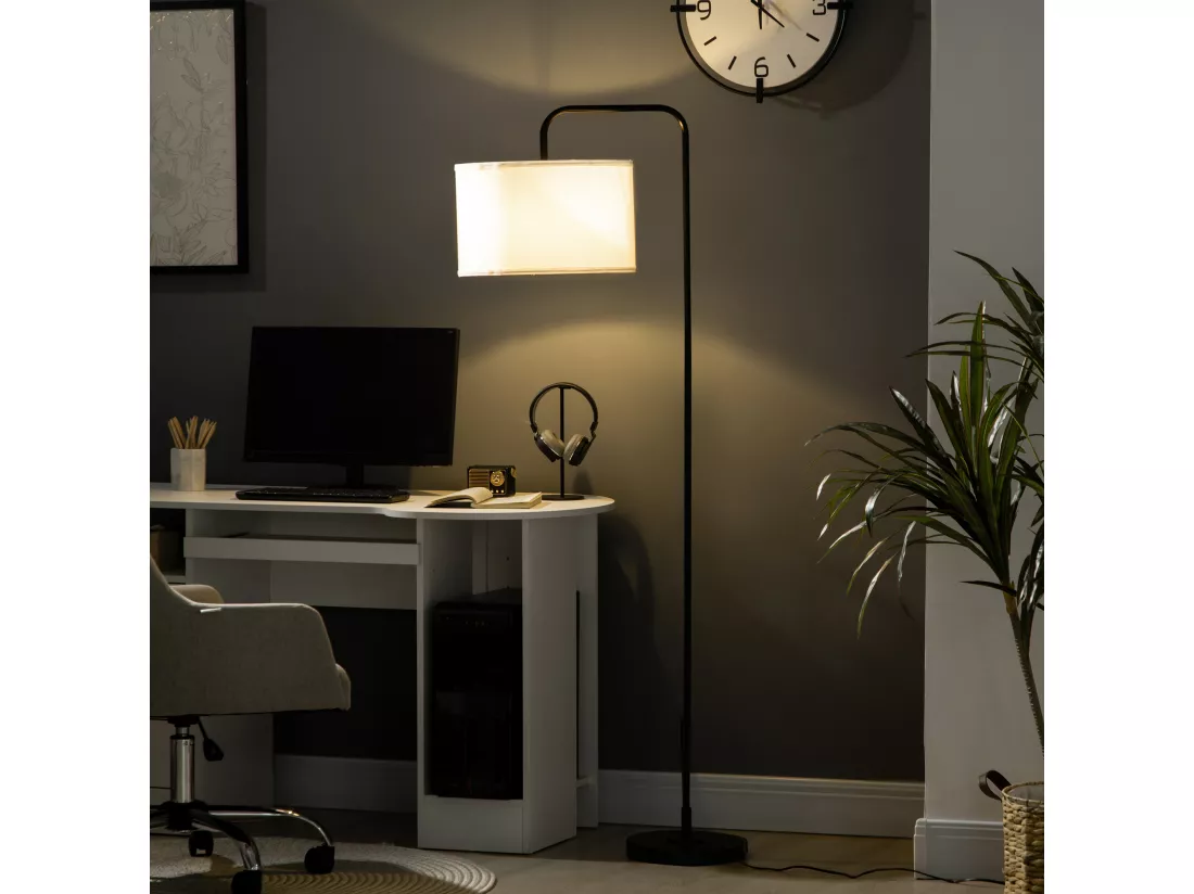 Lampadaire design néo-rétro max. 40 W 163H cm abat-jour circulaire aspect lin blanc piètement structure acier noir