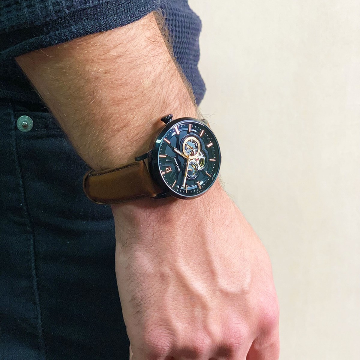 Montre Pierre Lannier Trio cadran noir cuir brun