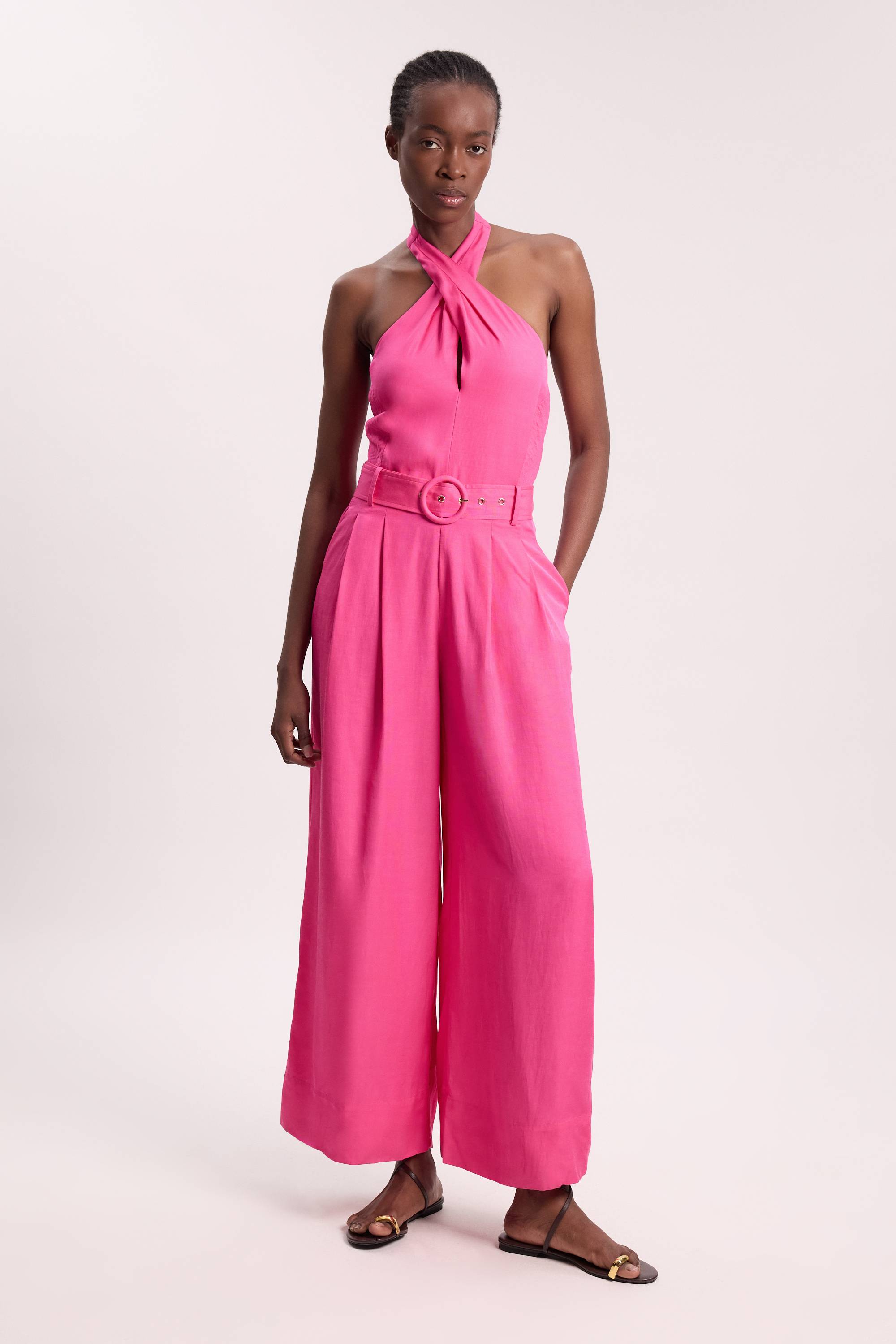 KarenMillen Combinaison-pantalon À Jambes Larges En Viscose Lin Premium Avec Encolure Croisée Dos-nu Et Ceinture