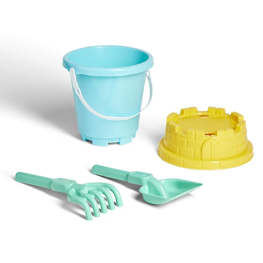 Seau de plage avec pelle râteau tamis en plastique vert