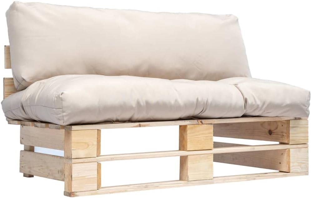 vidaXL Holz Palettensofa mit Sandfarbigen Kissen Palettenauflage Palettenkissen Paletten Polster Sofa Gartensofa Palettenmöbel Gartenmöbel In/Outdoor