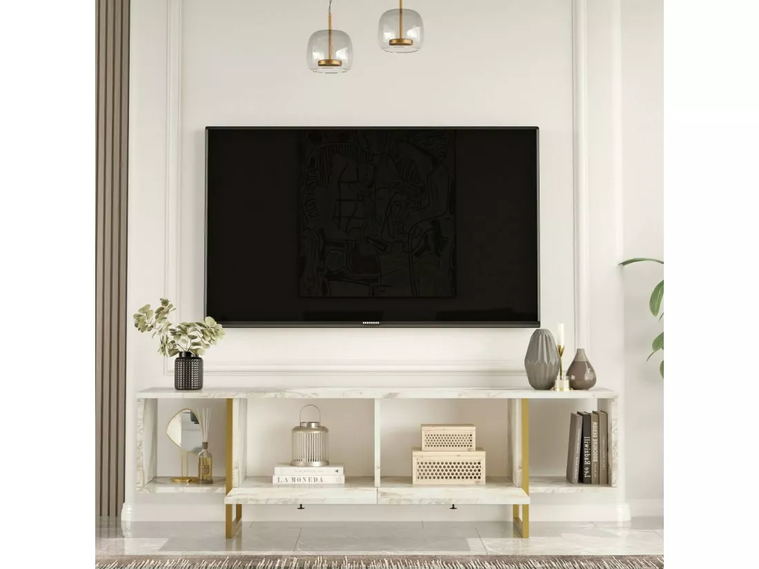 Meuble TV Arneb, Buffet de salon, Armoire basse pour TV, Base murale de rangement, 160x40h48 cm, Blanc et Or