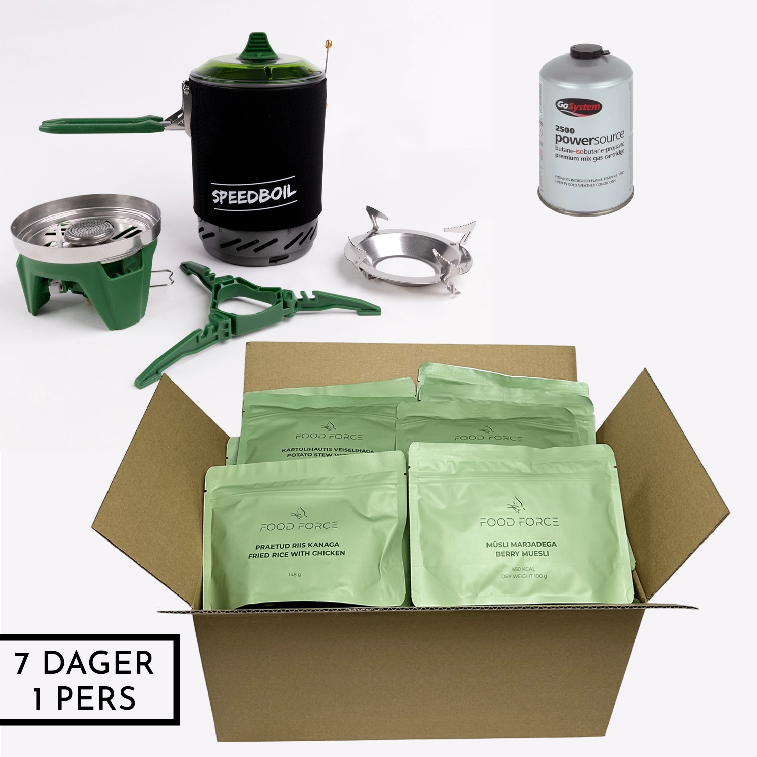 Beredskapspakke - 7 dager - 1 pers<br>21 måltider + kokesystem + gass