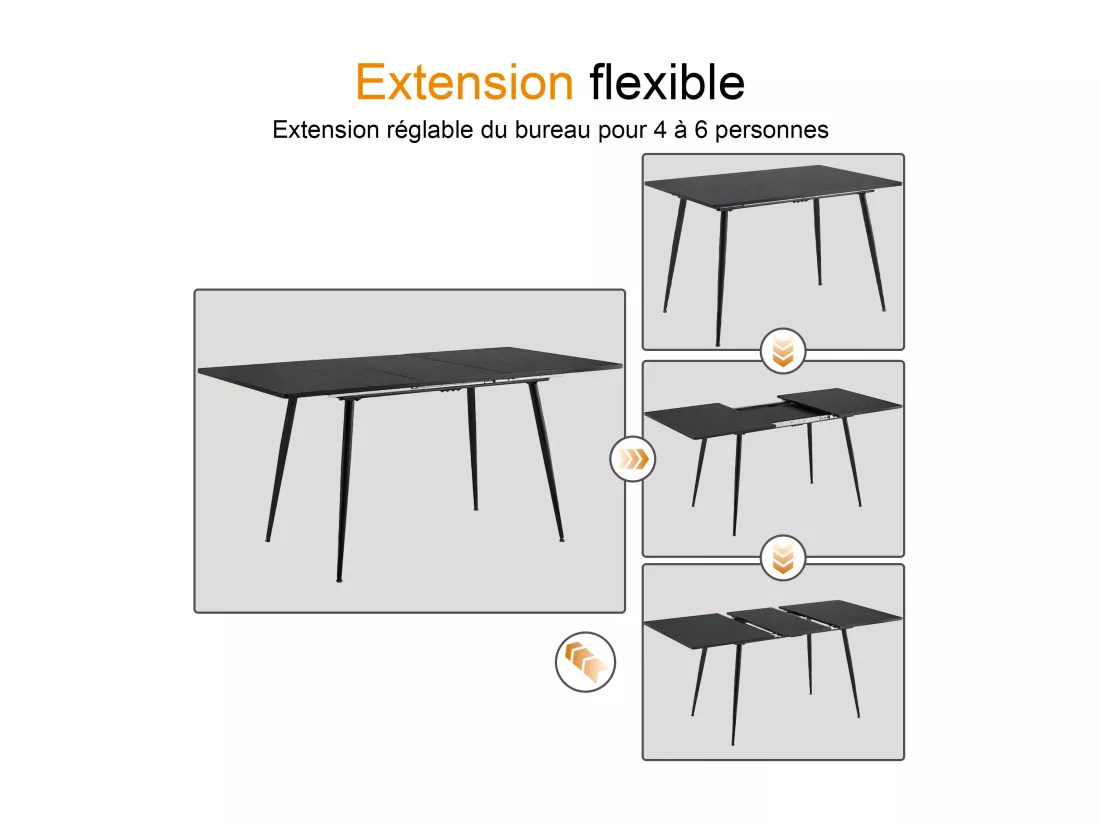 URBAN MEUBLE Table de salle à manger rectangulaire extensible noir effet bois de style scandinave pieds noir 120-160 WHALEN DARK WOOD STRETCH TABLE BLACK LEG
