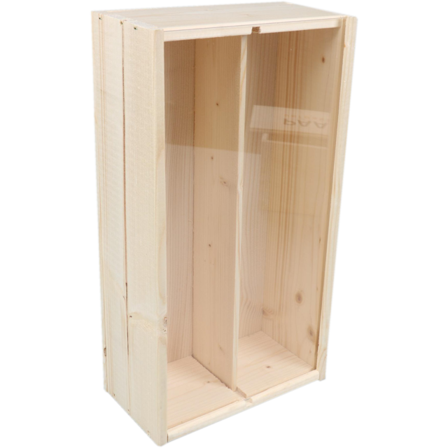Wijnkist, 2 flessen, plexiglas schuifdeksel, 340x176x85mm, hout, naturel