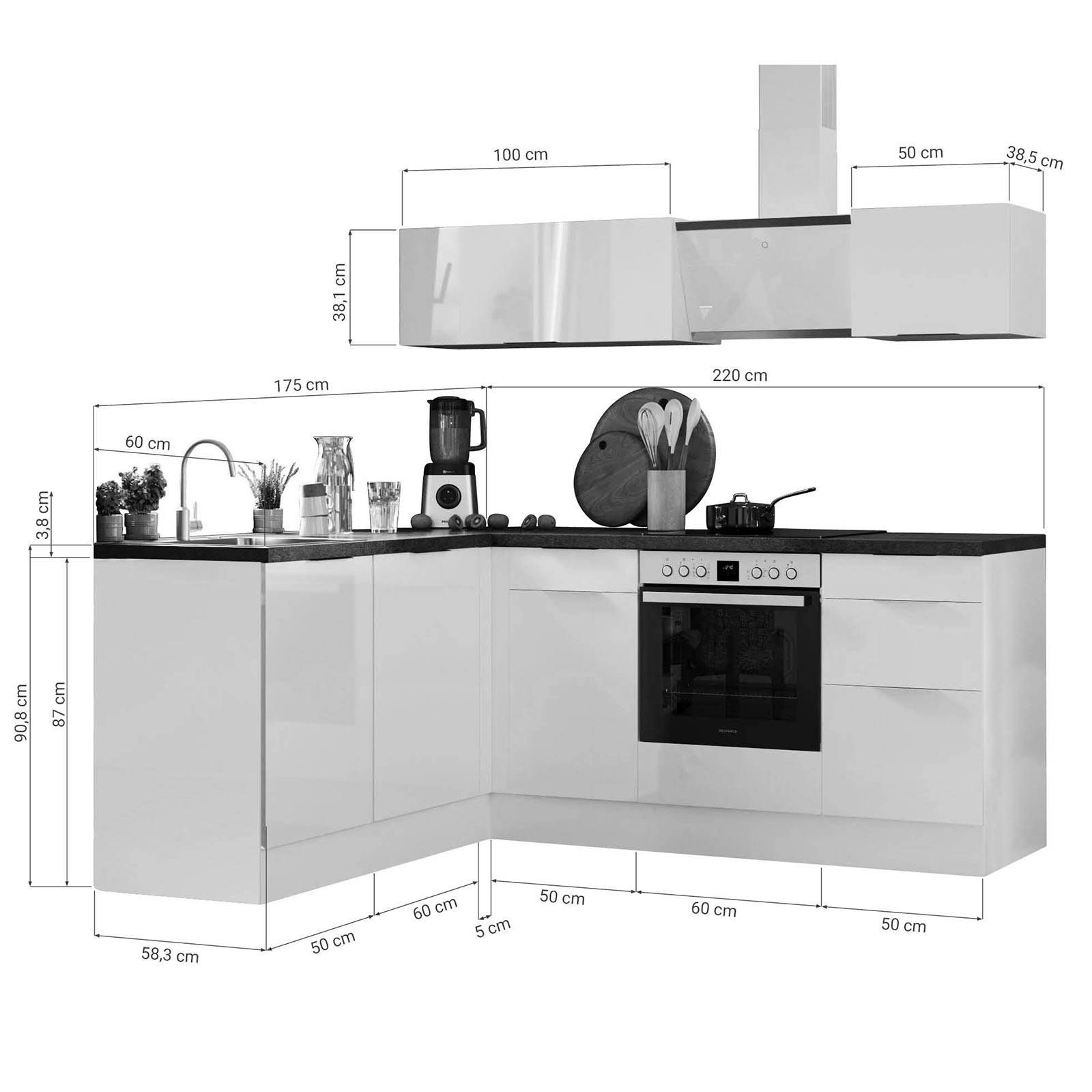 RESPEKTA Winkelküche - Artisan Eiche - mit E-Geräten - 220 cm