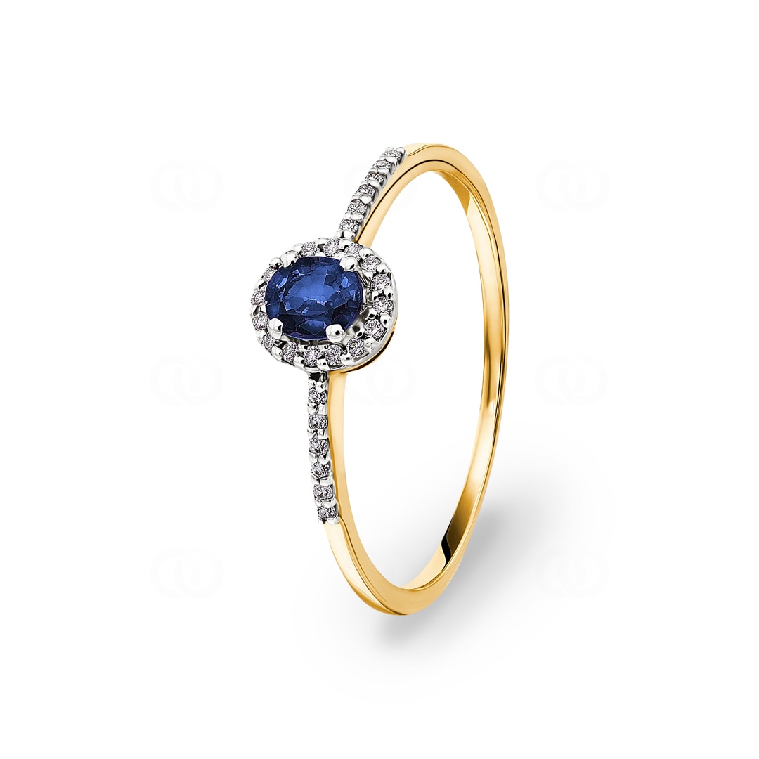 Damenring 750/18 K Gelbgold mit Saphir oval & Diamanten 0.08 ct H/si