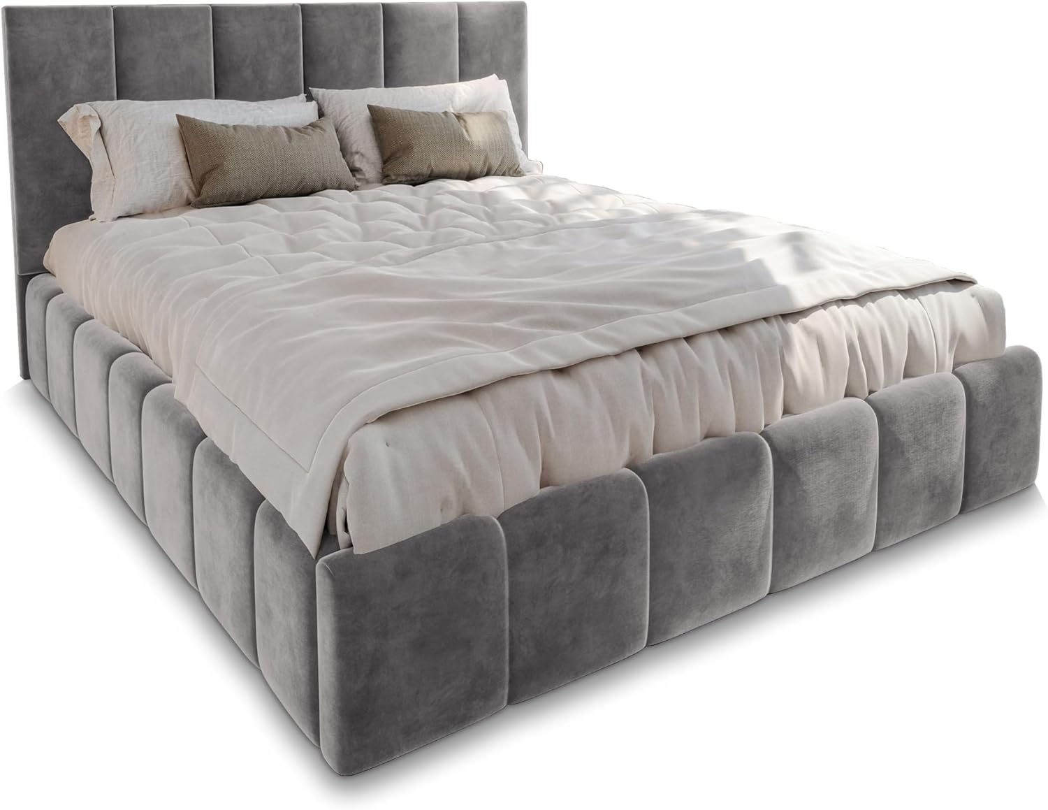 Masseno Polsterbett TARANTO 180x200 cm, Doppelbett, Bettkasten, Stauraum, Lattenrost Und Kopfteil - Hellgrau, Monolith 84