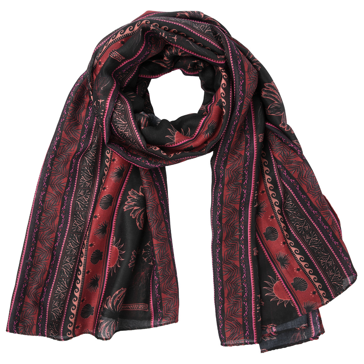 Gina Benotti Damen Tuch mit Palmen allover schwarz / dunkelrot / pink