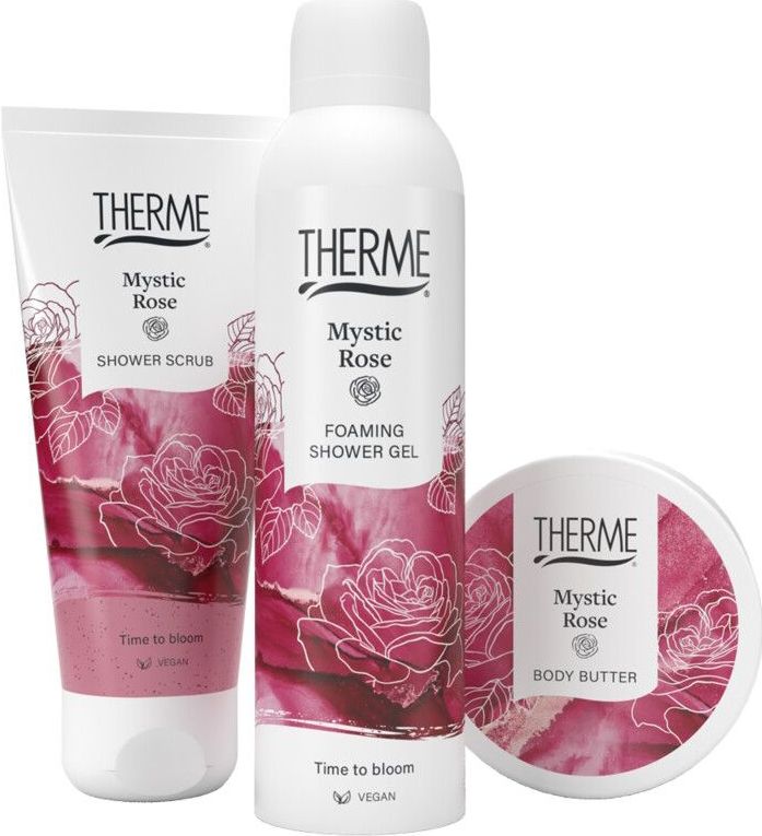 Therme Mystic Rose Foaming Shower Gel + Shower Scrub + Body Butter Geschenkset