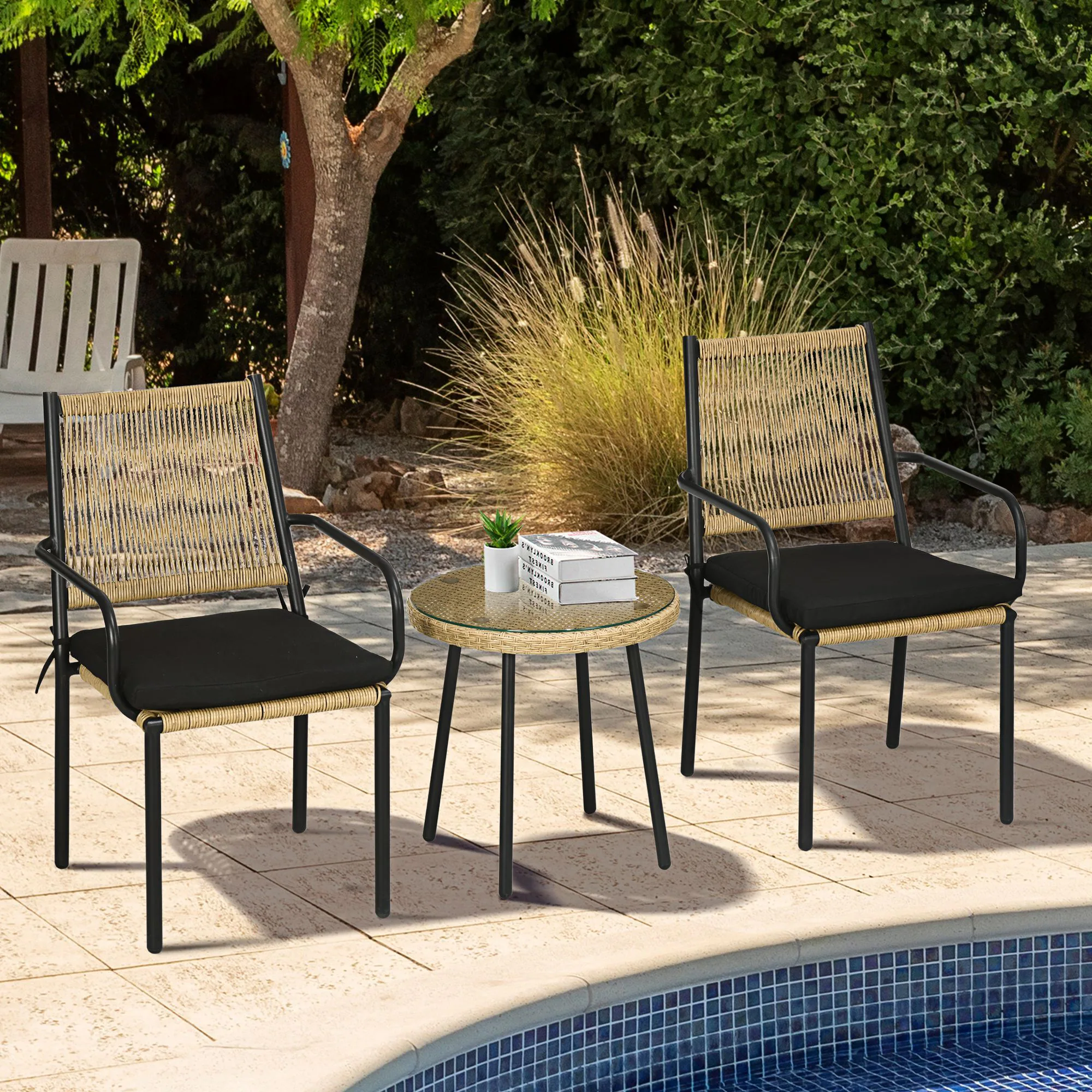 Outsunny Rattan Bistro-Set mit 2 Stühlen schwarz, natur 55L x 62B x 90H cm