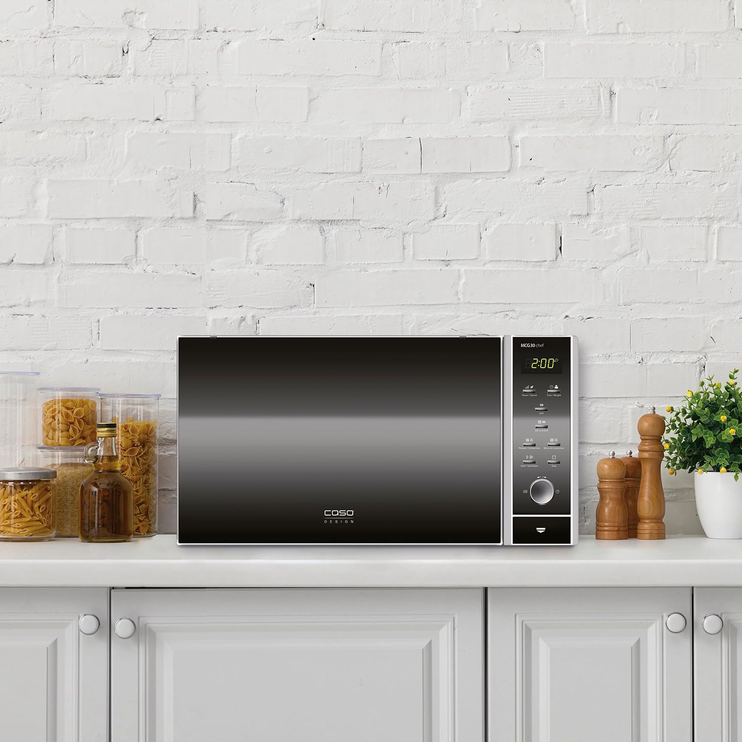 CASO | MCG30 chef 3-in-1 Mikrowelle mit Grill und Heißluft 2200W | Backofen-Funktion 110 - 200°C, 30 L, Drehteller Ø 31,5cm, Edelstahl verspiegelt
