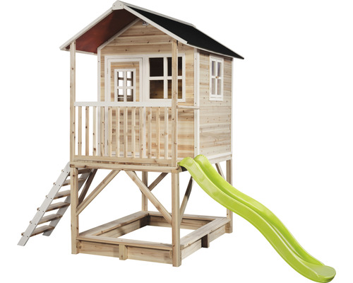 EXIT Loft 500 paalwoning, 328 x 185 x 255 cm, natuurlijk hout, met zandbak en glijbaan