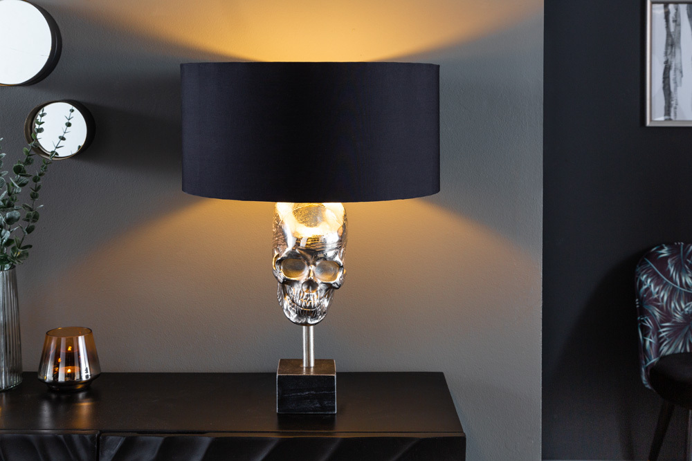 Extravagante Tischlampe SKULL 56cm schwarz silber Metall Totenkopf Skulptur Leuchte