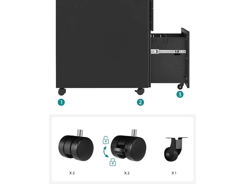 Songmics Rollcontainer, 39.0 x 52.0 x 60.0 cm, Schwarz Rollcontainer mit 3 Schubladen für Dokumente