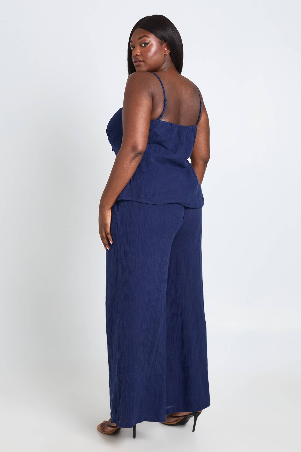 boohoo Ensemble Coordonné Grande Taille Haut Caraco Péplum Et Pantalon En Gaze De Coton