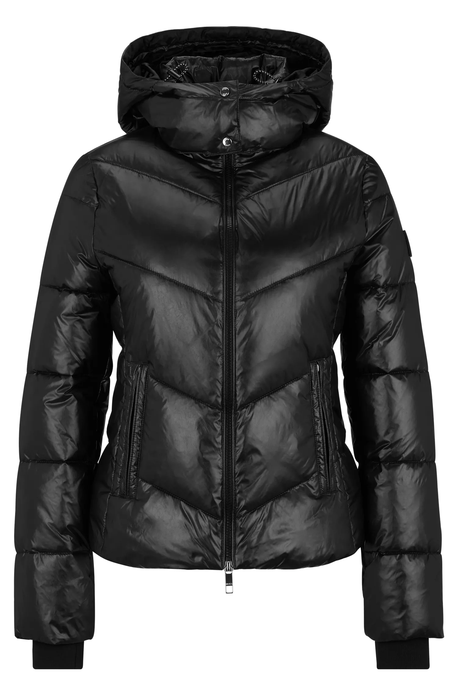 Jaqueta puffer BOSS preta, repelente à água e com acabamento brilhante.