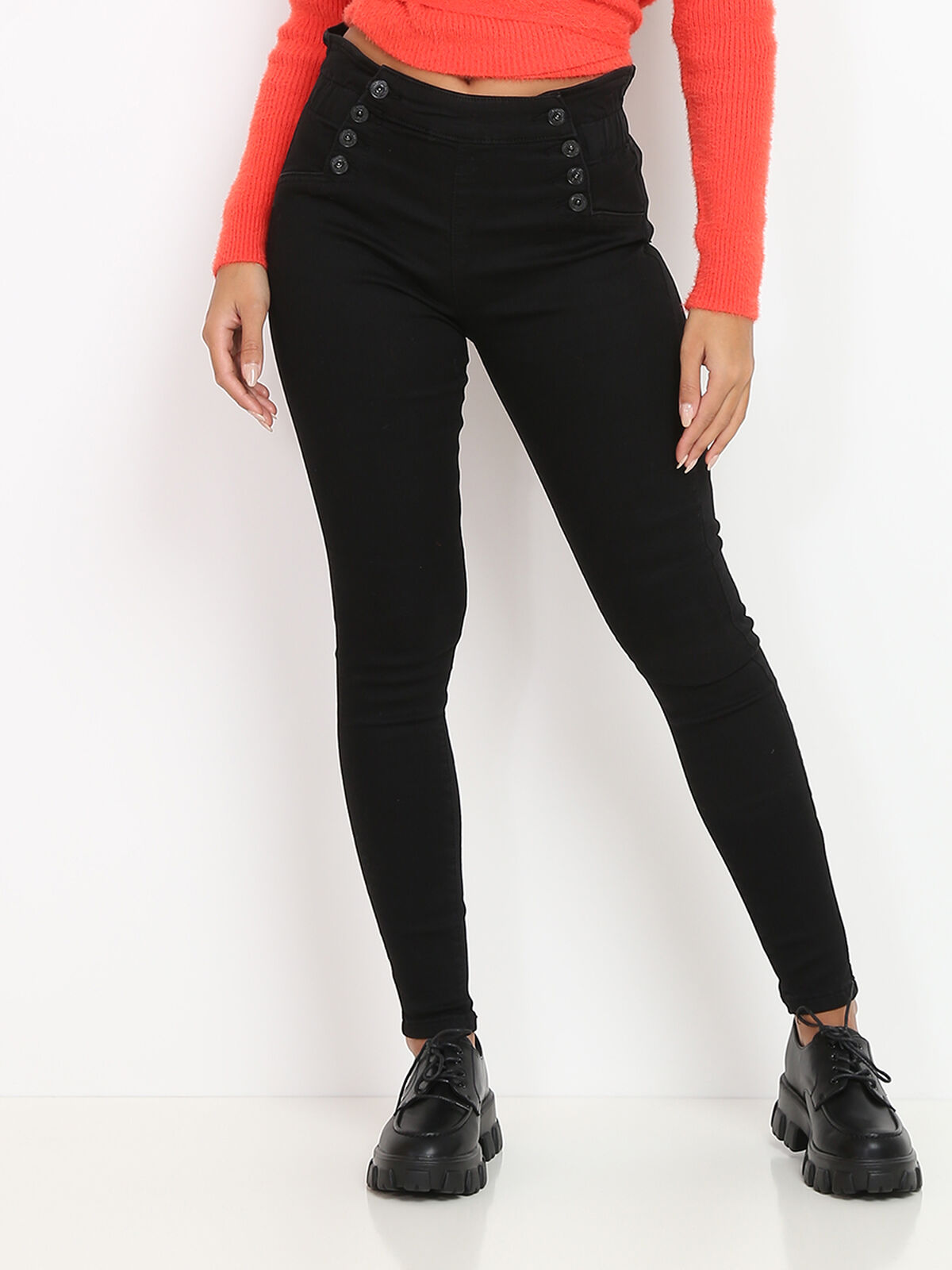 Jeans slim élastique à boutons- Noir