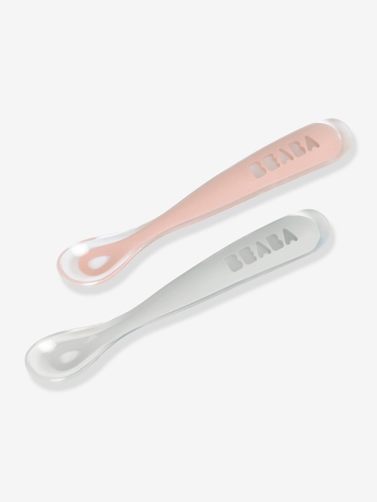 Conjunto de 2 colheres ergonômicas de aprendizagem + estojo de transporte rosa médio BEABA