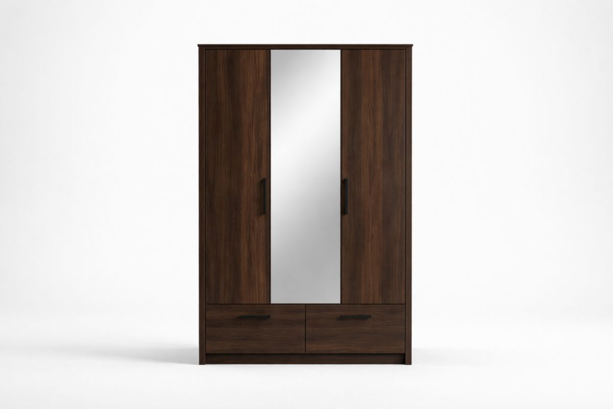 Kleiderschrank mit Spiegel Holz Dunkelbraun 3 Türen 2 Schubladen 200x150x60 cm(H × B × T)