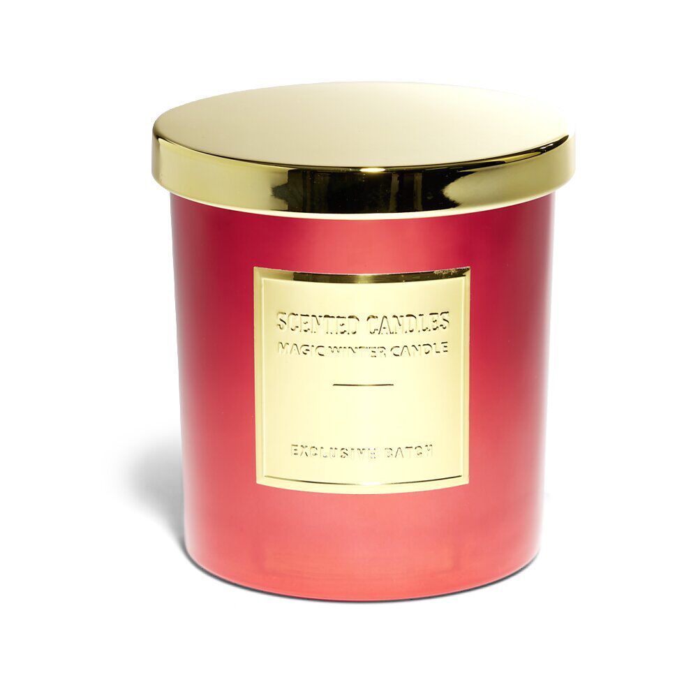 Bougie ronde avec couvercle dans verre métallisé rouge H9cm