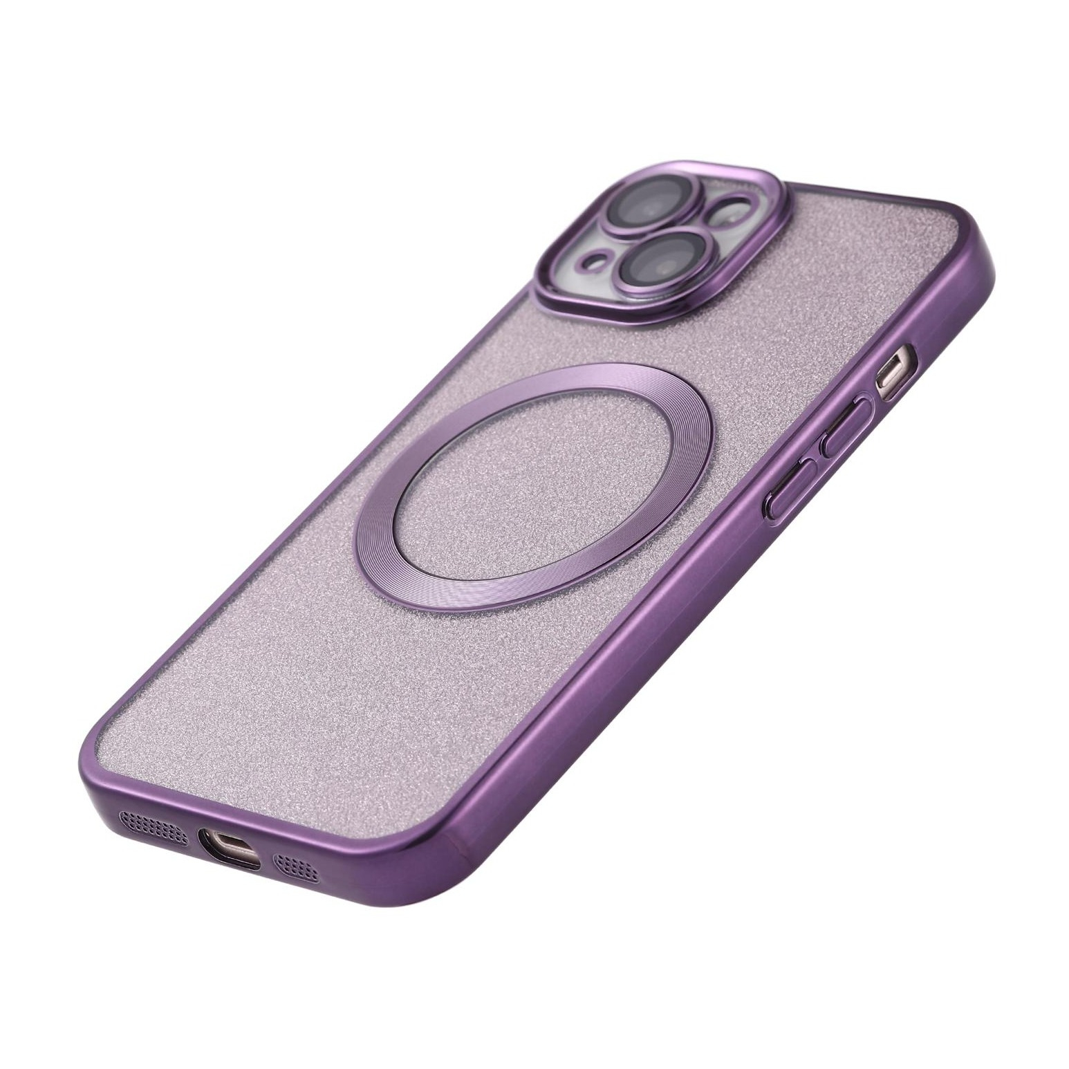 iPhone 14 MagSafe Gummi Case Hülle mit Acryl Kameraglasschutz im Glitzer Design - Lila / Transparent