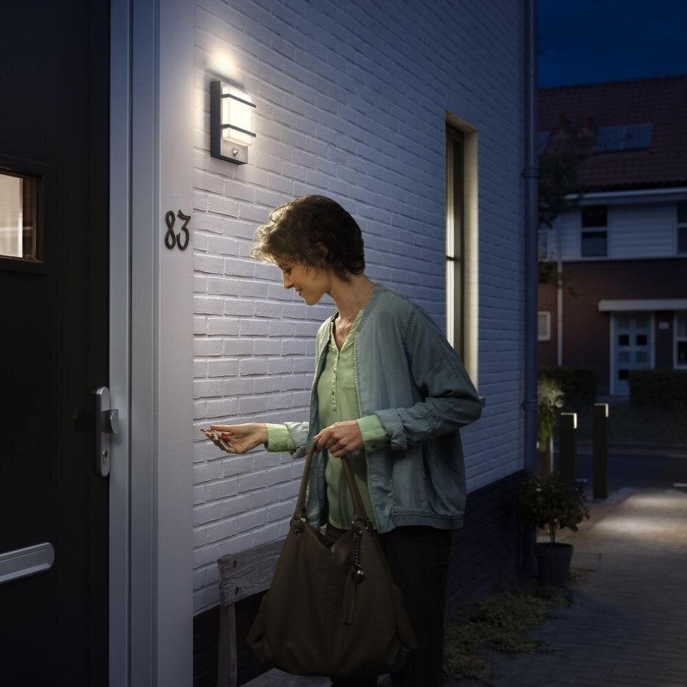 Petronia LED wandlamp in antraciet en wit, 3,8W, 800lm, IP44 met bewegingsmelder