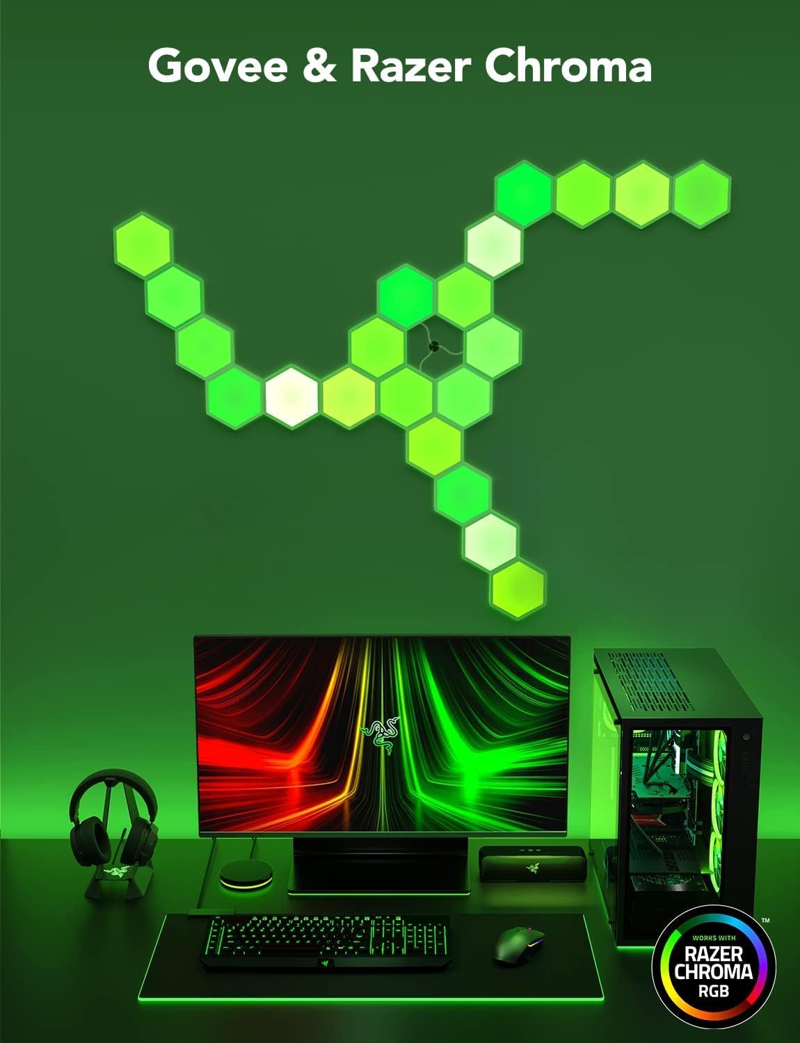 Govee LED Sechseck Hexagon Panel Gaming,10 RGBIC Smart Wandleuchte Funktioniert mit Alexa, Google Assistant, Kreative Dekorative Wi-Fi, Musik Sync für Gaming Beleuchtung & Zimmer Deko