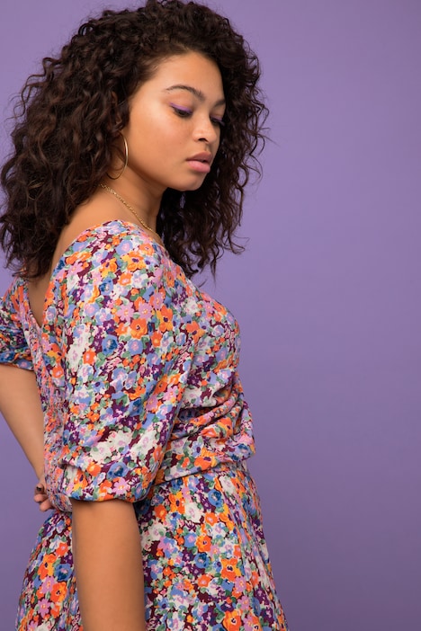 Bluse, V-Ausschnitt, Flower Print, 3/4-Arm, Raffung