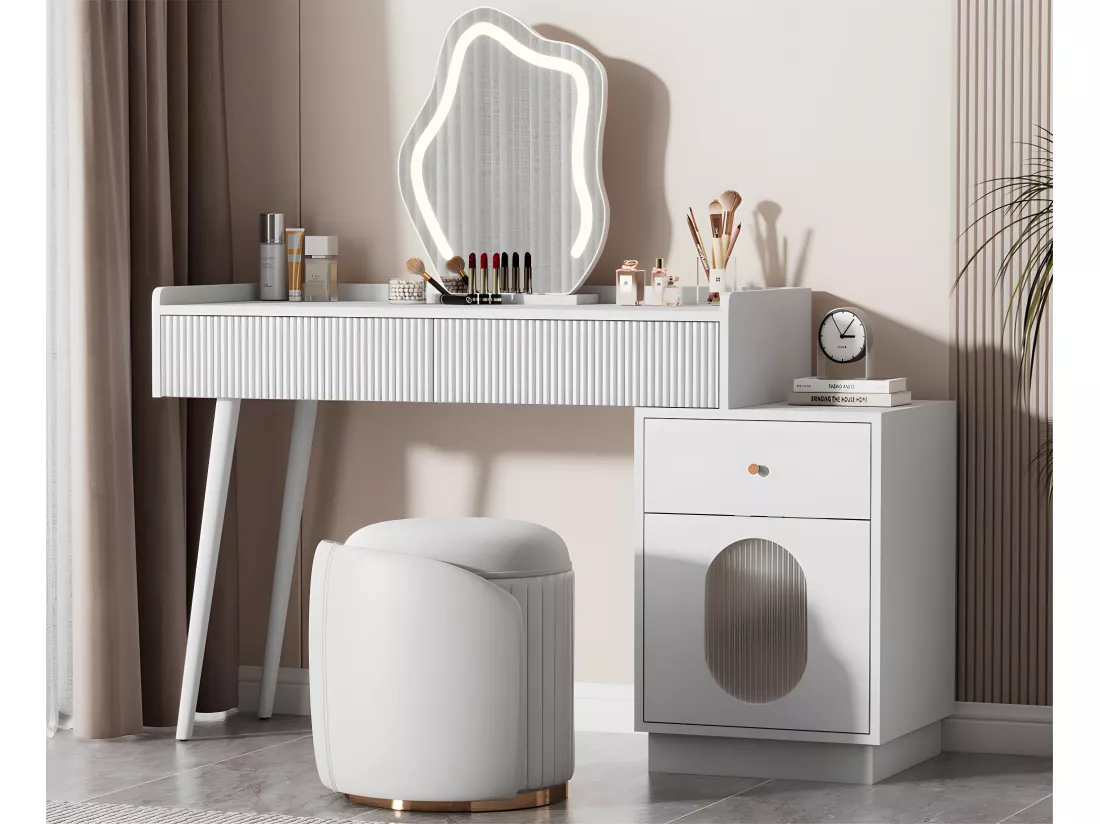 Coiffeuse avec miroir et éclairage LED - 2 tiroirs et une armoire amovible - Blanc (tabouret non inclus)