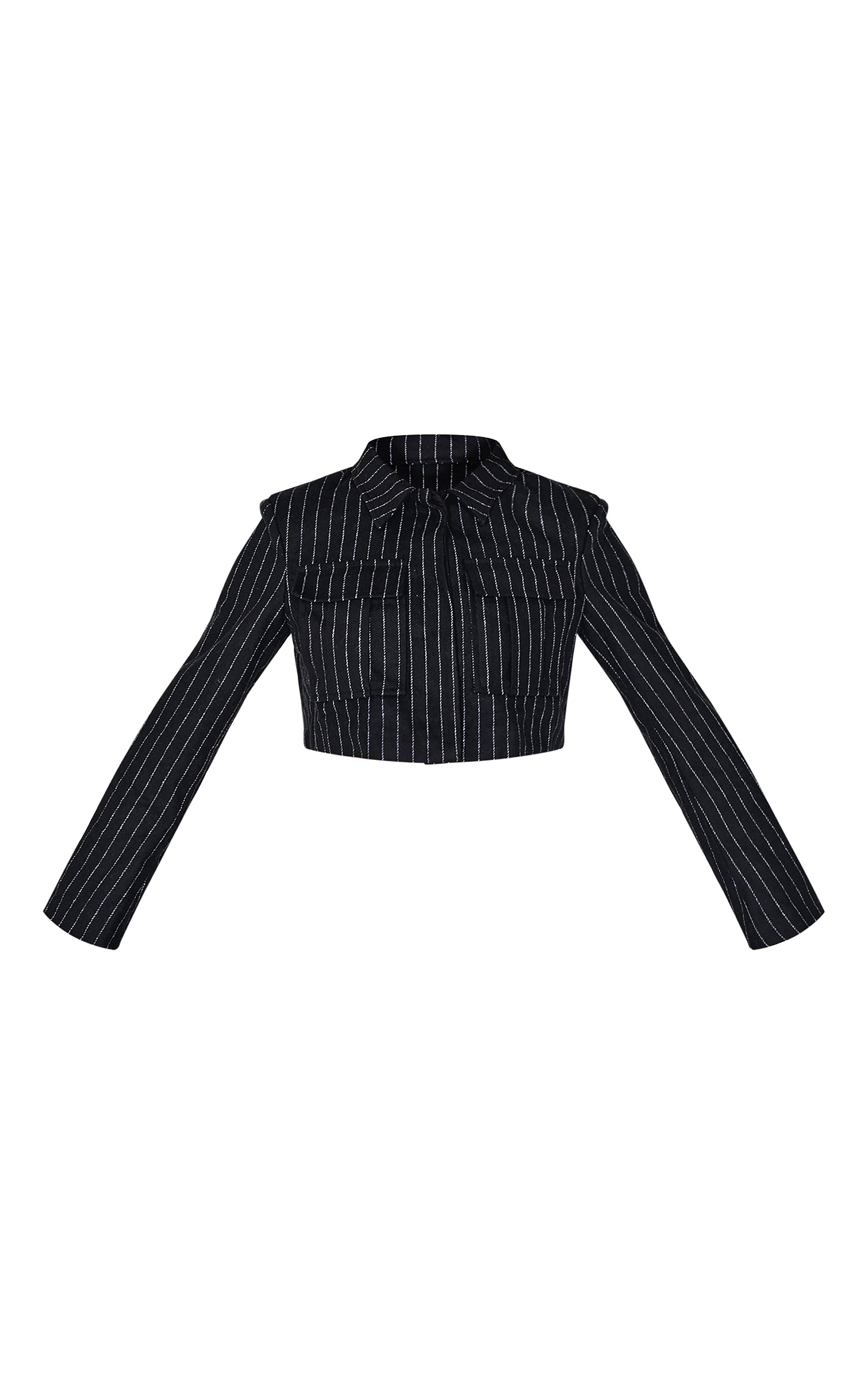 Noir Chemise Courte Premium À Fines Rayures Avec Détail De Poche