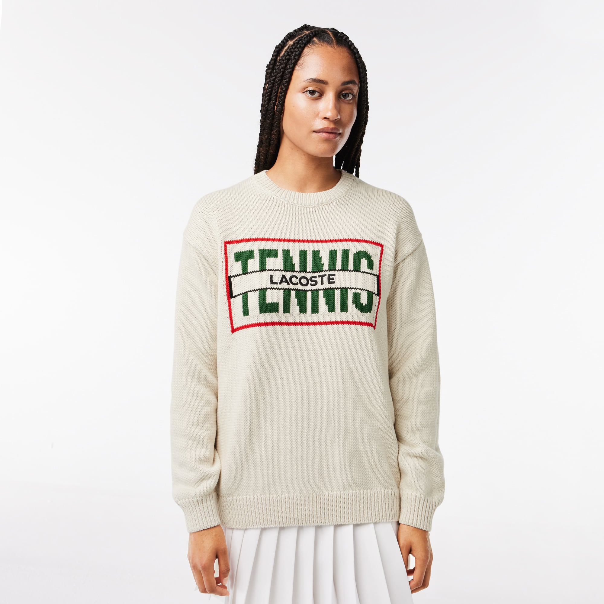 Pull brodé loose fit en coton mélangé jacquard Pullovers - Blanc - Lacoste - Femme