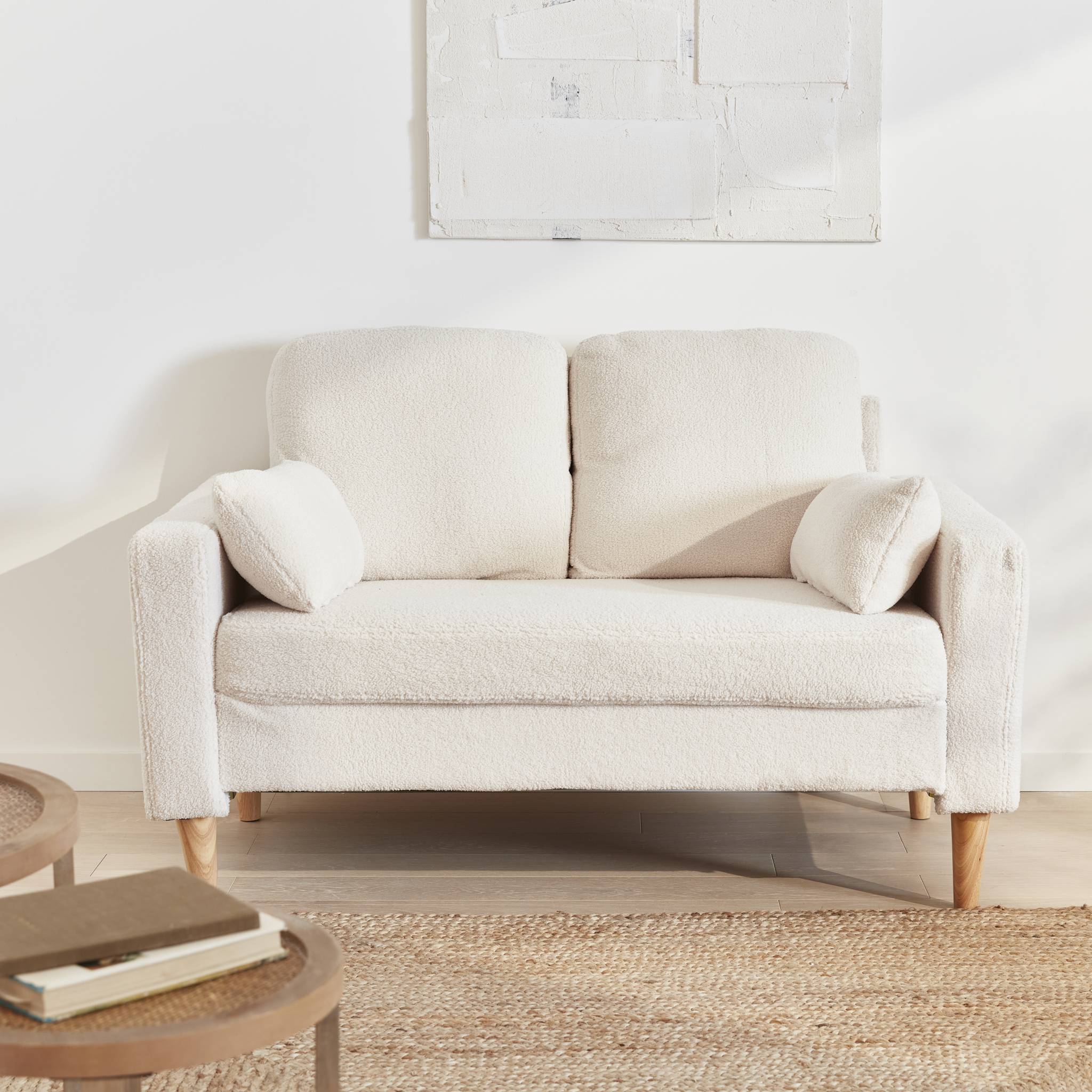 Canapé à bouclettes blanches - bjorn - canapé 2 places fixe droit pieds bois. Style scandinave