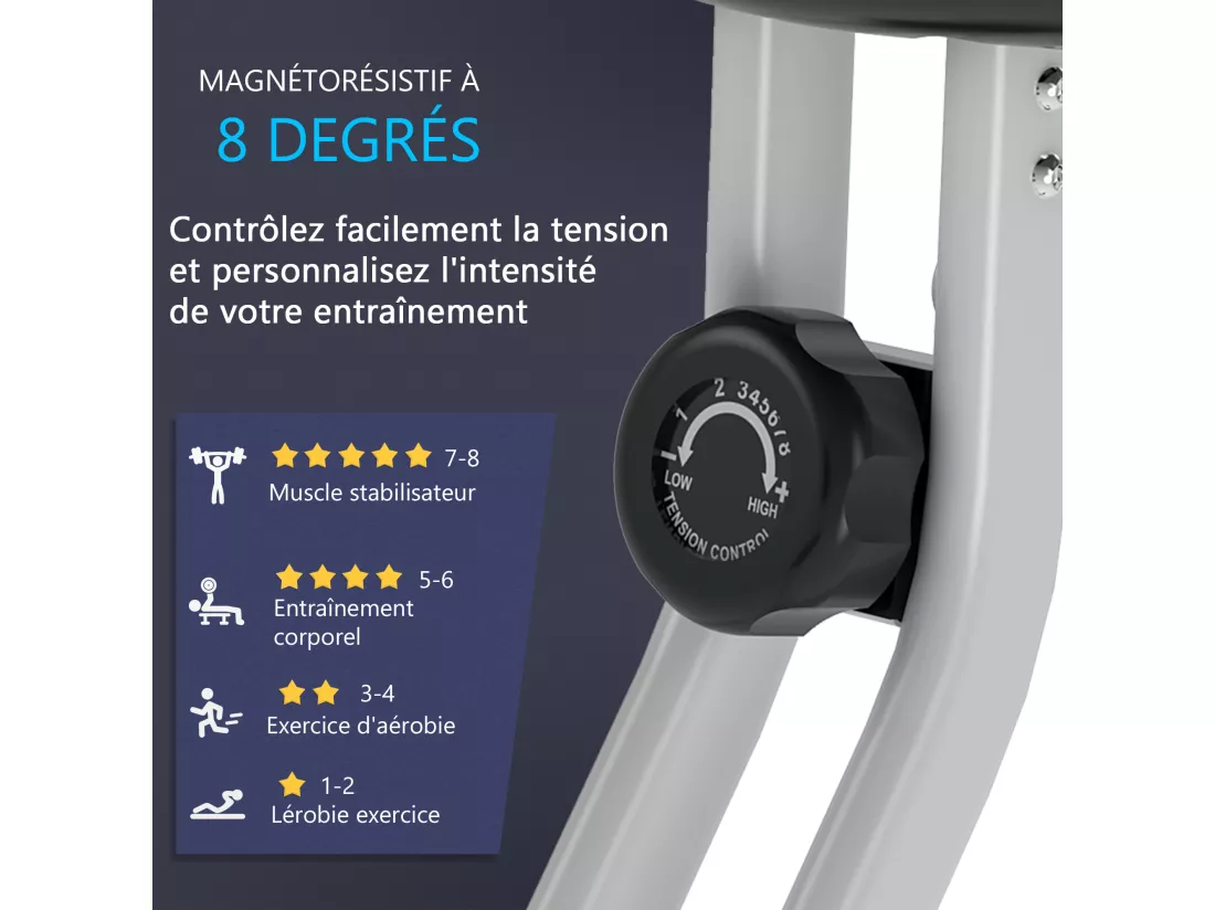 Vélo d'appartement pliable 8 niveaux de résistance magnétique selle réglable dossier écran LCD multifonction capteur fréquence cardiaque gris