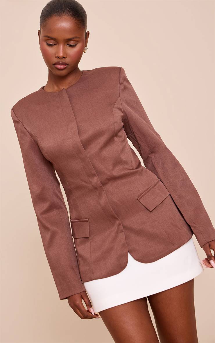 Marron Blazer Boxy Sans Col À Taille Cintrée
