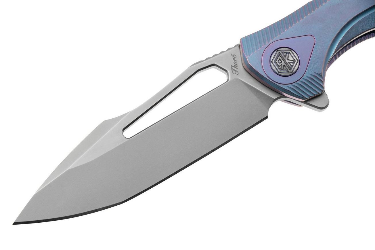Rike Knife Thor 5 Bead Blasted M390, Blue Titanium, integraalzakmes