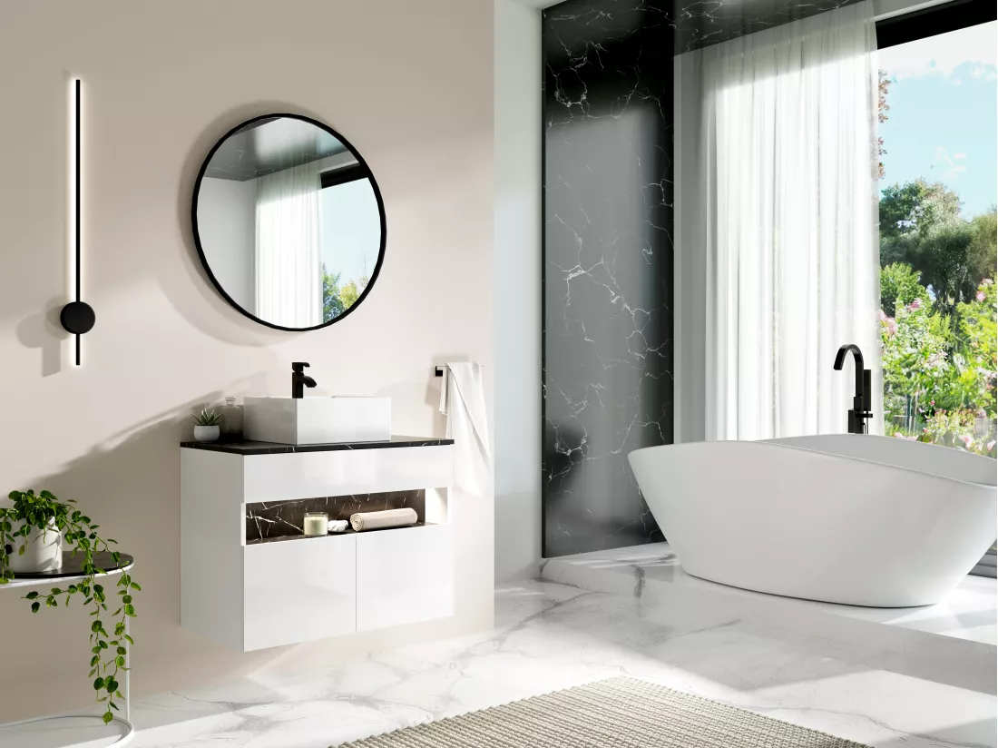 Meuble sous vasque suspendu à LEDs avec planche - Blanc et noir effet marbre - L80 cm - POZEGA
