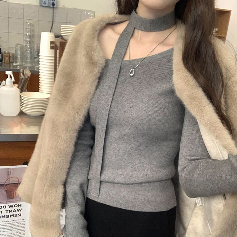 Rosesand - Lange mouwen, blote schouders, effen, slim-fit gebreide top met sjaal