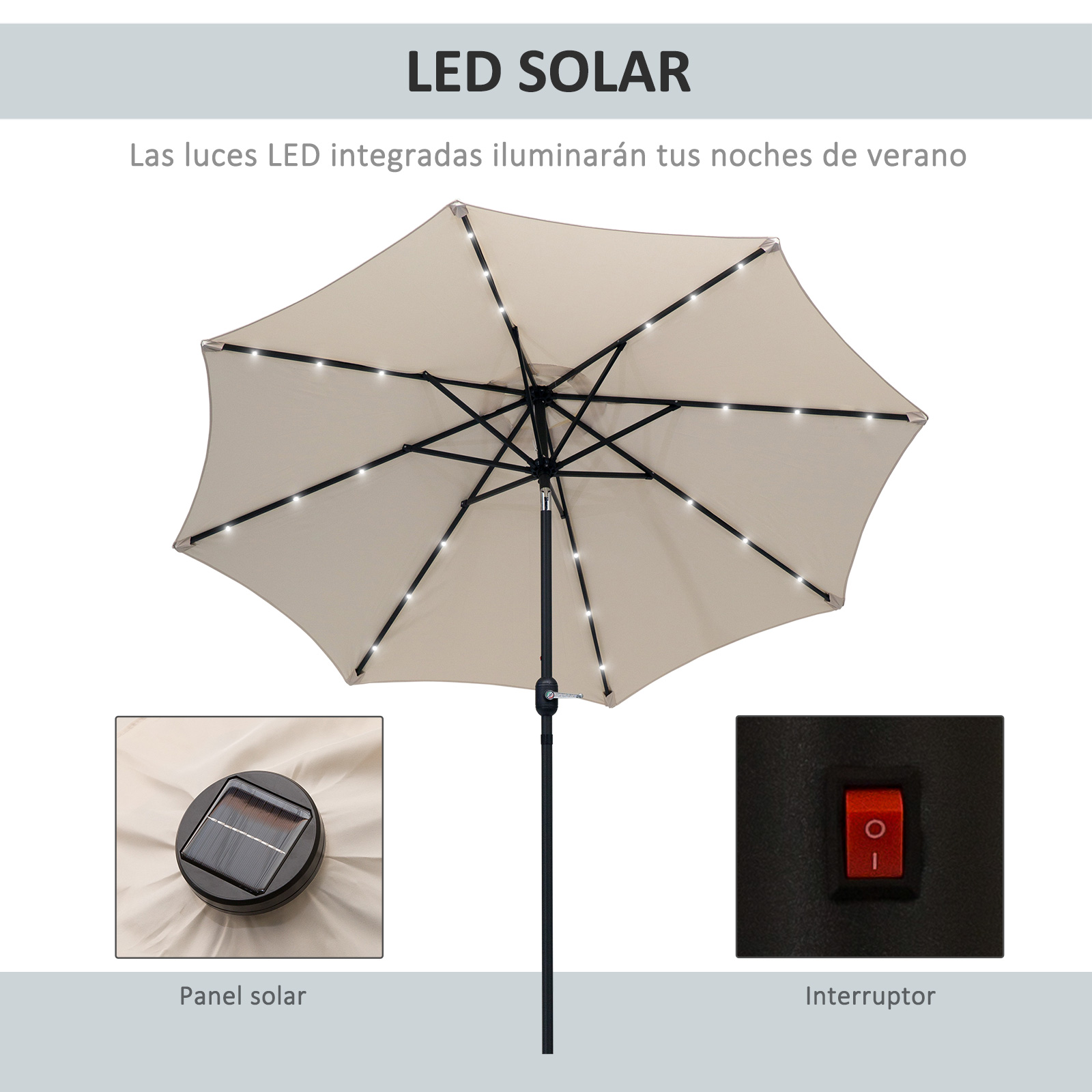 Guarda-sol de jardim Outsunny Ø268x238 cm com 24 luzes solares LED, mecanismo de inclinação, manivela e mastro de metal removível para piscina e pátio, cor creme.