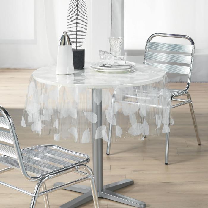 NAPPE CRISTAL RONDE 140 CM PVC IMPRIME FEUILLE BLANC