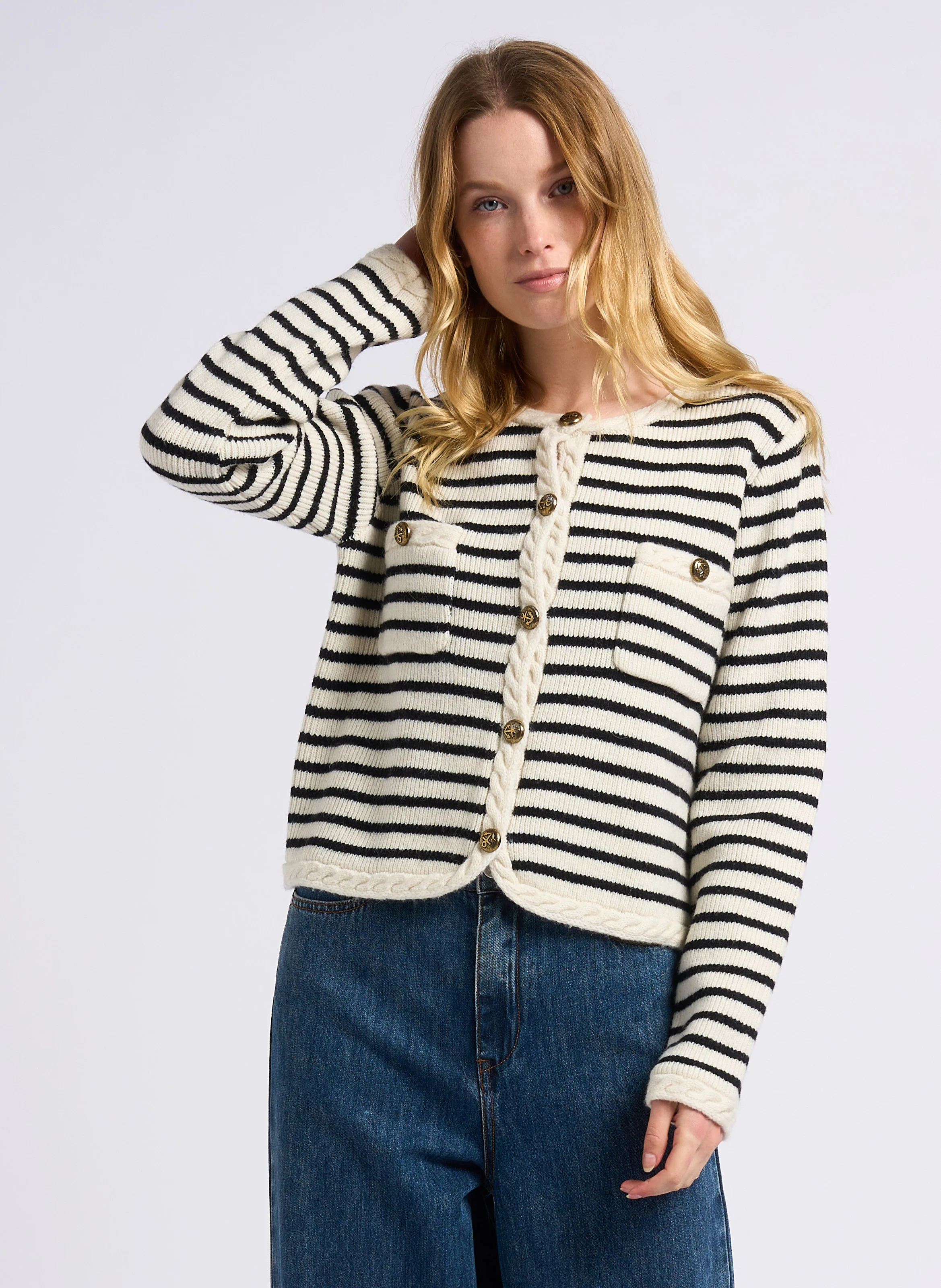 GABRIEL - Gilet col rond rayé en laine | Blanc