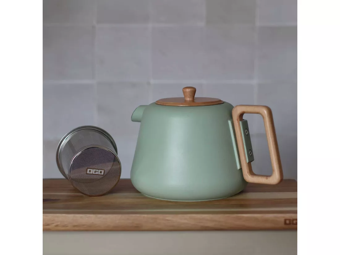 Ogo Living - Theiere Viggo 1000ml En Fonte Amande Avec Poignee Couvercle Bois
