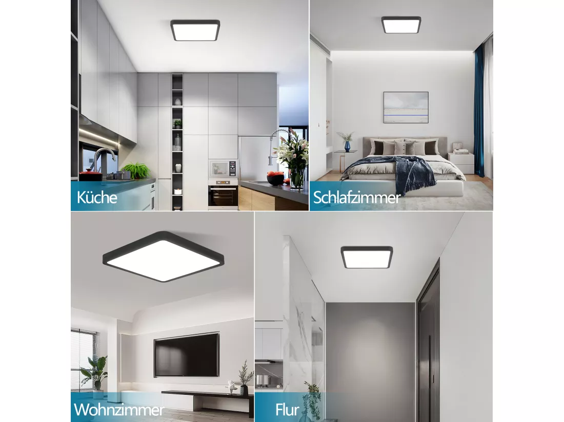 NETTLIFE Plafonnier LED plat 23CM 6500K 18W carré chambre noir LED intégré en permanence