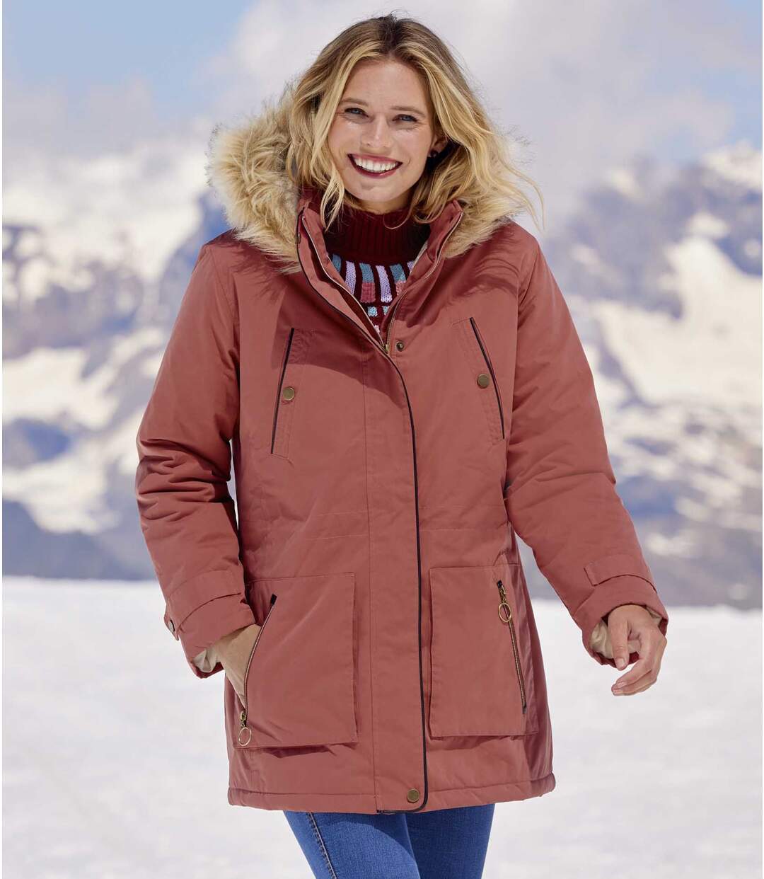 Parka Multipoche à Capuche Fausse Fourrure