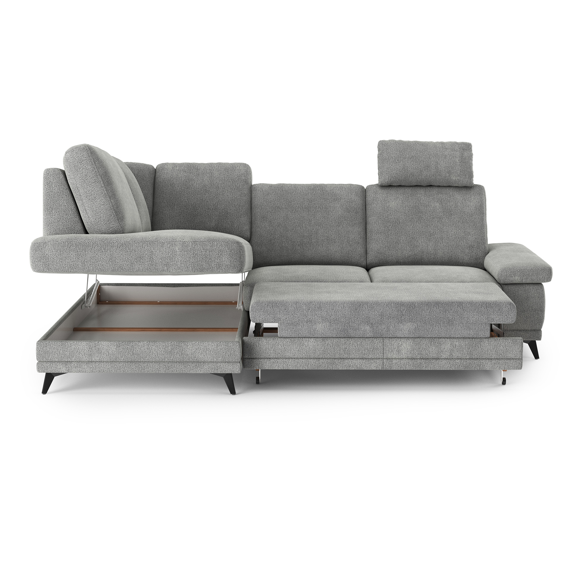 Ecksofa - platin - Liegefunktion und Bettkasten - Ottomane links