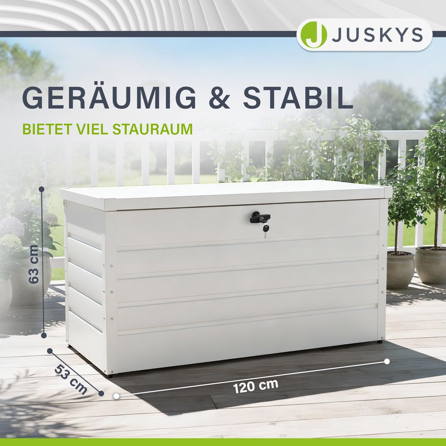 Juskys Metall Aufbewahrungsbox Limani 380 Liter - Outdoor Box - wasserdicht, abschließbar - Gartenbox, Auflagenbox, Kissenbox für Garten Weiß