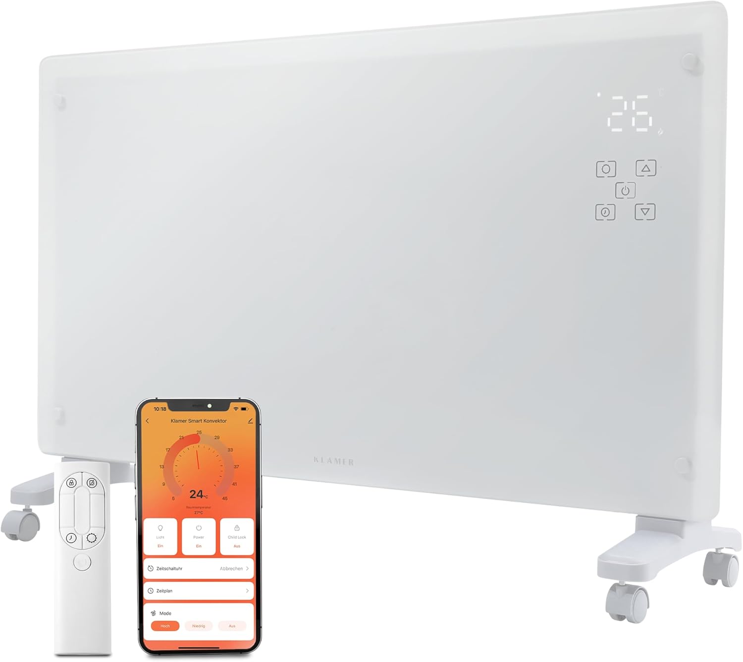 KLAMER Konvektor Pro 2500 W WLAN Heizgerät – Smart Konvektor mit App- & Timersteuerung, ECO- & Frostschutzmodus, LED-Display, Überhitzungsschutz, für Wohn- & Schlafräume, Wand- oder Standmontage