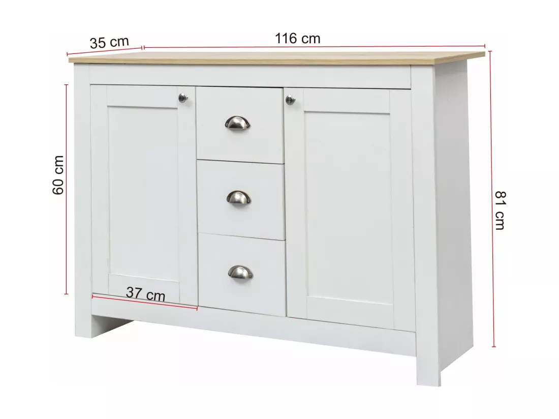 Buffet en bois blanc chaud avec 2 portes et 3 tiroirs,d116cm×h81cm