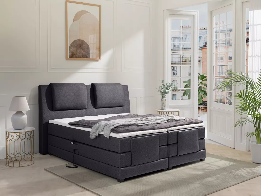 Ensemble complet boxspring tête de lit + sommiers relaxation électrique + matelas + surmatelas - 2 x 90 x 200 cm - Tissu - Anthracite - CASTEL II de PALACIO