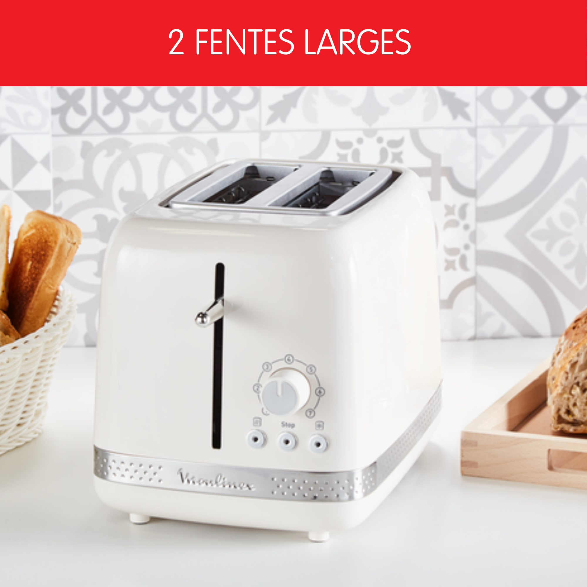 Grille-pain SOLEIL ivoire 2 fentes larges, Design retro, 7 niveaux de dorage